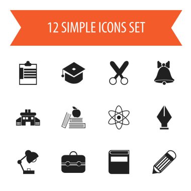 12 düzenlenebilir bilgi simgeler kümesi. Silgi, gözetim listesine, ders kitabı ve daha fazlası gibi simgeler içerir. Web, mobil, UI ve Infographic tasarımı için kullanılabilir.