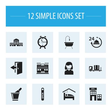 12 düzenlenebilir Plaza simgeler kümesi. Townhouse, Resepsiyon, açık oturum ve daha fazlası gibi simgeler içerir. Web, mobil, UI ve Infographic tasarımı için kullanılabilir.