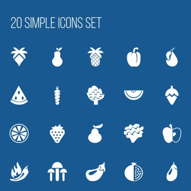 20 düzenlenebilir Berry simgeler kümesi. Havuç, tropikal meyve, kavun ve daha fazlası gibi simgeler içerir. Web, mobil, UI ve Infographic tasarımı için kullanılabilir.