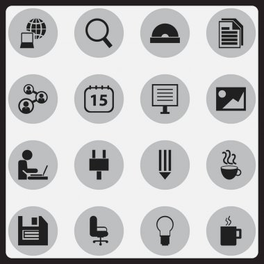 16 düzenlenebilir Bürosu simgeler kümesi. Personel, Büyüteç, resim ve daha fazlası gibi simgeler içerir. Web, mobil, UI ve Infographic tasarımı için kullanılabilir.