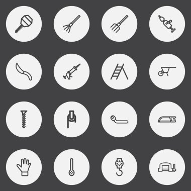 16 düzenlenebilir enstrüman anahat simgeleri ayarlayın. Bolt, mutfak kaşık, dolgu macunu ve daha fazlası gibi simgeler içerir. Web, mobil, UI ve Infographic tasarımı için kullanılabilir.