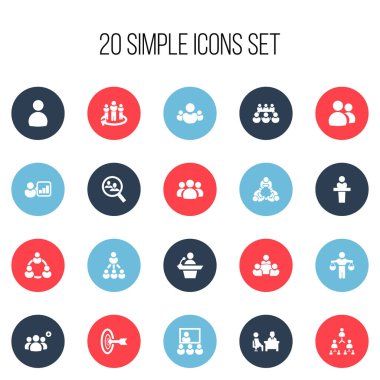 20 düzenlenebilir topluluk simgeler kümesi. Grup, liderlik, hiyerarşi ve daha fazlası gibi simgeler içerir. Web, mobil, UI ve Infographic tasarımı için kullanılabilir.