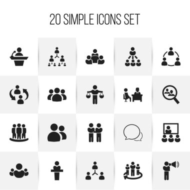 20 düzenlenebilir topluluk simgeler kümesi. Adam, personel yapısı, takım ve daha fazla konuşuyor gibi simgeleri içerir. Web, mobil, UI ve Infographic tasarımı için kullanılabilir.