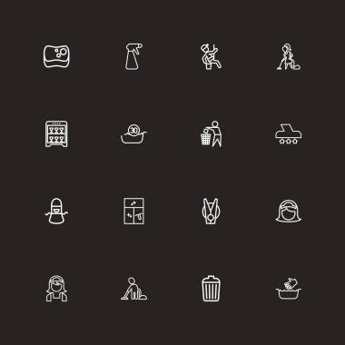 16 düzenlenebilir hijyen anahat simgeleri ayarlayın. Sembolleri penceresi gibi temiz, vakumlama adam, çöp kutusu ve daha fazlasını içerir. Web, mobil, UI ve Infographic tasarımı için kullanılabilir.