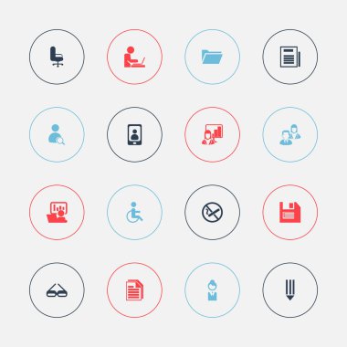 16 düzenlenebilir Bürosu simgeler kümesi. İş koltuk, yumuşak ve sarkık, sayfa ve daha fazlası gibi simgeler içerir. Web, mobil, UI ve Infographic tasarımı için kullanılabilir.