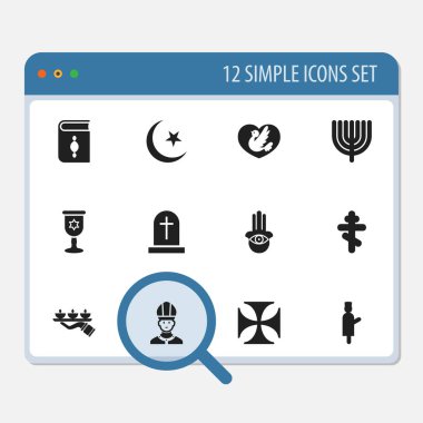 12 düzenlenebilir inanç simgeler kümesi. Mum ışığı, Hanuka, güvercin gibi simgeler içerir. Web, mobil, UI ve Infographic tasarımı için kullanılabilir.