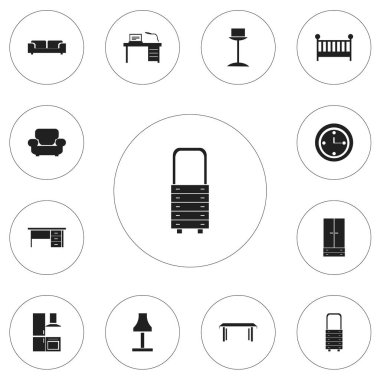 12 düzenlenebilir mobilyalar simgeler kümesi. Kanepe, kanepe, Stillage ve daha fazlası gibi simgeler içerir. Web, mobil, UI ve Infographic tasarımı için kullanılabilir.