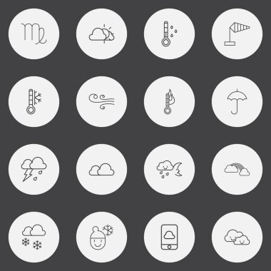 16 düzenlenebilir iklim anahat simgeleri ayarlayın. Bulutlu, sıcaklık, kış ve daha fazlası gibi simgeler içerir. Web, mobil, UI ve Infographic tasarımı için kullanılabilir.