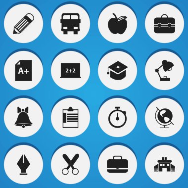 16 düzenlenebilir bilgi simgeler kümesi. Apple, anaokulu, taşıma aracı ve daha fazlası gibi simgeler içerir. Web, mobil, UI ve Infographic tasarımı için kullanılabilir.