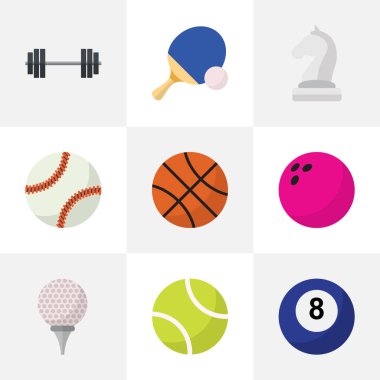 9 düzenlenebilir spor düz simgeler kümesi. Vücut geliştirme, Bilardo, top ve daha fazlası gibi simgeler içerir. Web, mobil, UI ve Infographic tasarımı için kullanılabilir.