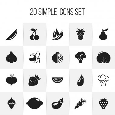 20 düzenlenebilir Berry simgeler kümesi. Patlıcan, şeker Havzası, Garnet ve daha fazlası gibi simgeler içerir. Web, mobil, UI ve Infographic tasarımı için kullanılabilir.