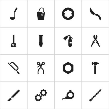 16 düzenlenebilir aparatı simgeler kümesi. El testeresi, yağmurlama, pense gibi simgeler içerir. Web, mobil, UI ve Infographic tasarımı için kullanılabilir.