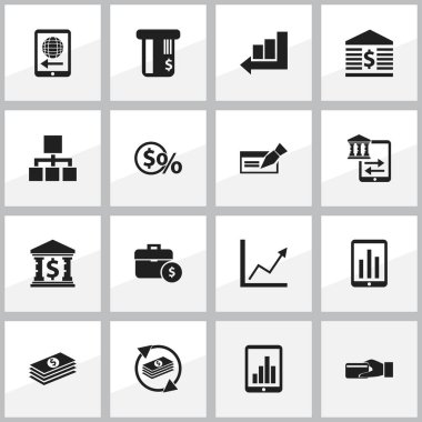 16 düzenlenebilir yatırım simgeler kümesi. Satınalma, kontrolü, maaş vb. gibi simgeler içerir. Web, mobil, UI ve Infographic tasarımı için kullanılabilir.