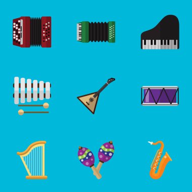 9 düzenlenebilir müzik düz simgeler kümesi. Piyano, sopa, varil ve daha fazlası gibi simgeler içerir. Web, mobil, UI ve Infographic tasarımı için kullanılabilir.