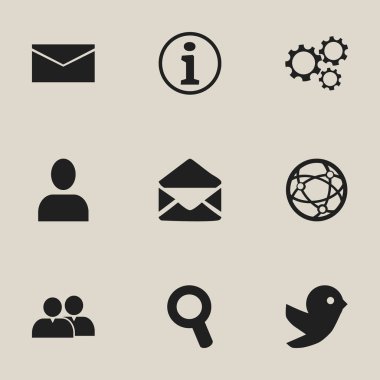 9 düzenlenebilir Web simgeler kümesi. Büyüteç, posta ve Profile gibi simgeler içerir. Web, mobil, UI ve Infographic tasarımı için kullanılabilir.