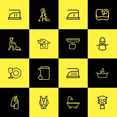 16 düzenlenebilir temizlik anahat simgeleri ayarlayın. Temizlik, kadın, maksimum güç ve daha fazlası gibi simgeler içerir. Web, mobil, UI ve Infographic tasarımı için kullanılabilir.