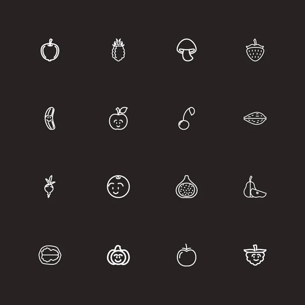 Set med 16 redigerbara mat disposition ikoner. Innehåller symboler såsom färsk frukt, skivad hertiginnan, fikon och mycket mer. Kan användas för webb-, mobil-, Ui- och Infographic Design. — Stock vektor
