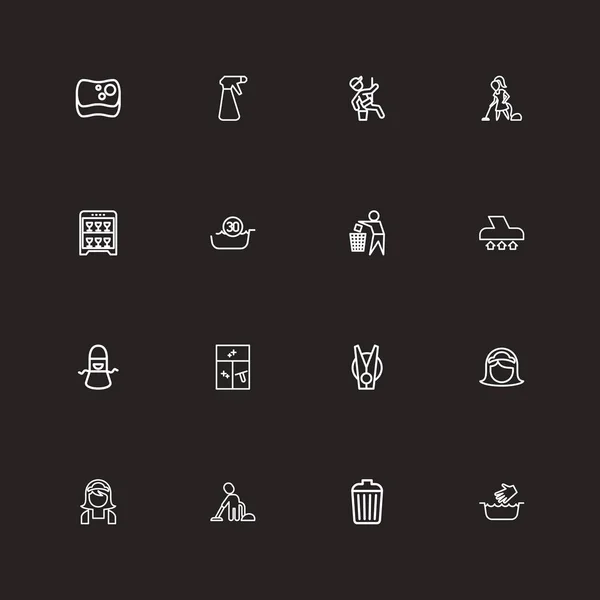 Conjunto de 16 iconos de contorno de higiene editables. Incluye símbolos como limpiador de ventanas, aspirador, papelera y más. Puede ser utilizado para el diseño de la tela, móvil, interfaz de usuario e infografía . — Vector de stock