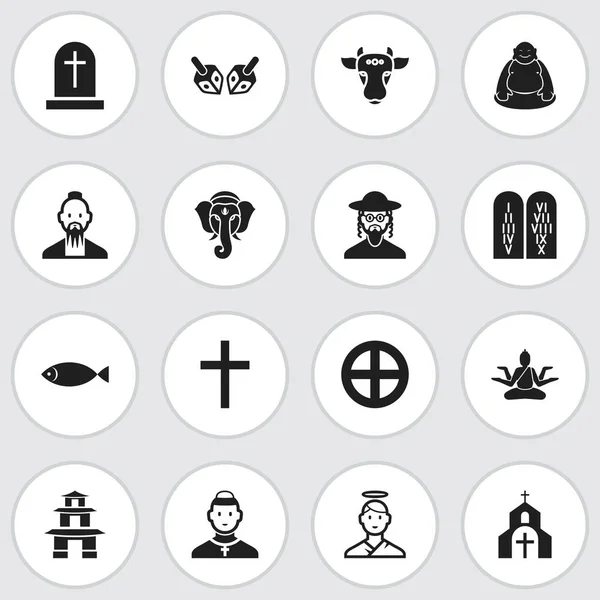Set med 16 redigerbara Religion ikoner. Innehåller symboler såsom fisk, krucifix, antika sten Text och mer. Kan användas för webb-, mobil-, Ui- och Infographic Design. — Stock vektor
