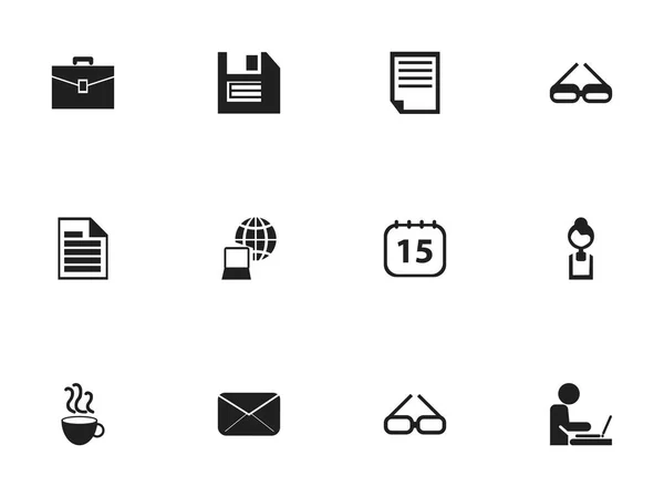 Satz von 12 editierbaren Bürosymbolen. enthält Symbole wie Datumsblock, Geschäftsfrau, Diskette und mehr. kann für Web-, Mobil-, UI- und Infografik-Design verwendet werden. — Stockvektor