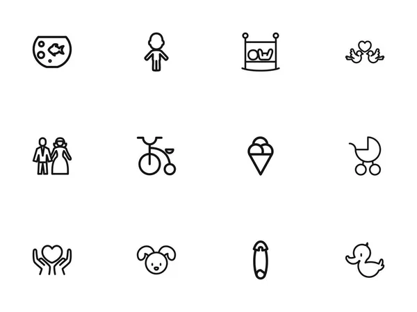 Set van 12 overzicht bewerkbare mensen pictogrammen. Bevat symbolen zoals kinderbed, hond, meisje en meer. Kan worden gebruikt voor Web, Mobile, Ui en Infographic Design. — Stockvector