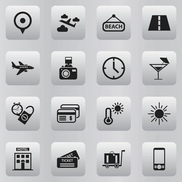 Set di 16 icone di festa modificabili. Include simboli come posizione, soldi di plastica, aviazione e altro ancora. Può essere utilizzato per la progettazione web, mobile, UI e infografica . — Vettoriale Stock
