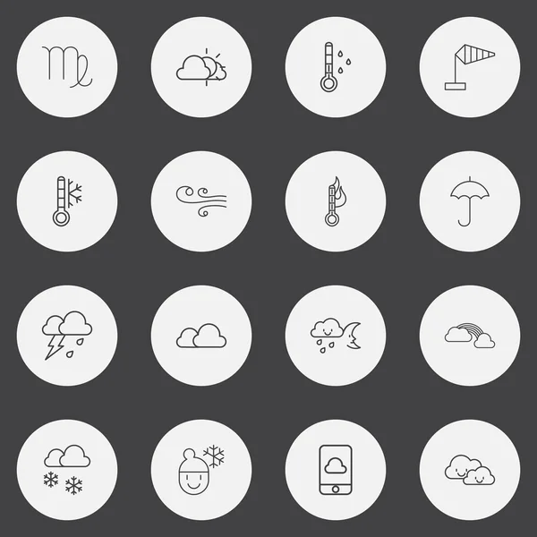 Το σύνολο των 16 εικονίδια διάρθρωσης επεξεργάσιμο κλίμα. Περιλαμβάνει σύμβολα όπως συννεφιά, θερμοκρασία, χειμώνα και περισσότερο. Μπορεί να χρησιμοποιηθεί για Web, Mobile, Ui και σχεδίασης γραφήματος. — Διανυσματικό Αρχείο