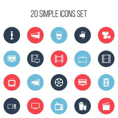 20 düzenlenebilir filme simgeler kümesi. Retro Tv, sinema Snack, gibi simgeler monitör işlemci ve daha fazlasını içerir. Web, mobil, UI ve Infographic tasarımı için kullanılabilir.