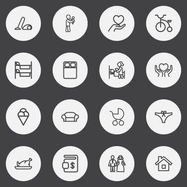 16 düzenlenebilir aile anahat simgeler kümesi. Çift Kişilik Yatak, iç çamaşırı, kanepe ve daha fazlası gibi simgeler içerir. Web, mobil, UI ve Infographic tasarımı için kullanılabilir.