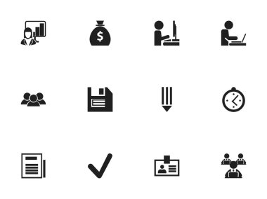 12 düzenlenebilir Office simgeler kümesi. Kalem, para çantasını, tanıtımı ve daha fazlası gibi simgeler içerir. Web, mobil, UI ve Infographic tasarımı için kullanılabilir.