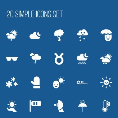20 düzenlenebilir iklim simgeler kümesi. Meltem koni, mutlu bir adam, gözlük ve daha fazlası gibi simgeler içerir. Web, mobil, UI ve Infographic tasarımı için kullanılabilir.