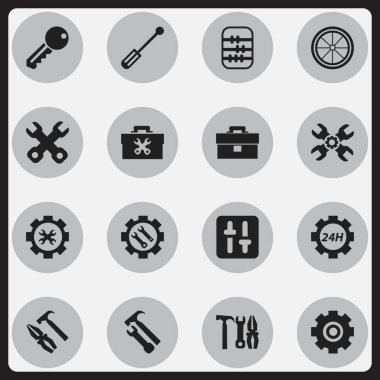 16 düzenlenebilir aracı simgeler kümesi. Ayarları, dişli, aritmetik ve daha fazlası gibi simgeler içerir. Web, mobil, UI ve Infographic tasarımı için kullanılabilir.
