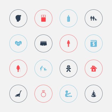 16 düzenlenebilir yakınları simgeler kümesi. Para çantası, Bebek, Solitaire elmas ve daha fazla gibi simgeler içerir. Web, mobil, UI ve Infographic tasarımı için kullanılabilir.