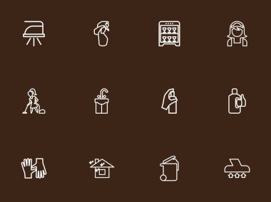 12 düzenlenebilir Temizleme anahat simgeleri ayarlayın. Lavabo, temizleyici, makine ve daha fazlası gibi simgeler içerir. Web, mobil, UI ve Infographic tasarımı için kullanılabilir.