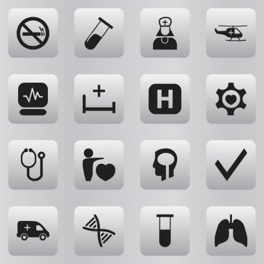 16 düzenlenebilir hastane simgeler kümesi. Kalp, acil durum, genom ve daha fazlası gibi simgeler içerir. Web, mobil, UI ve Infographic tasarımı için kullanılabilir.