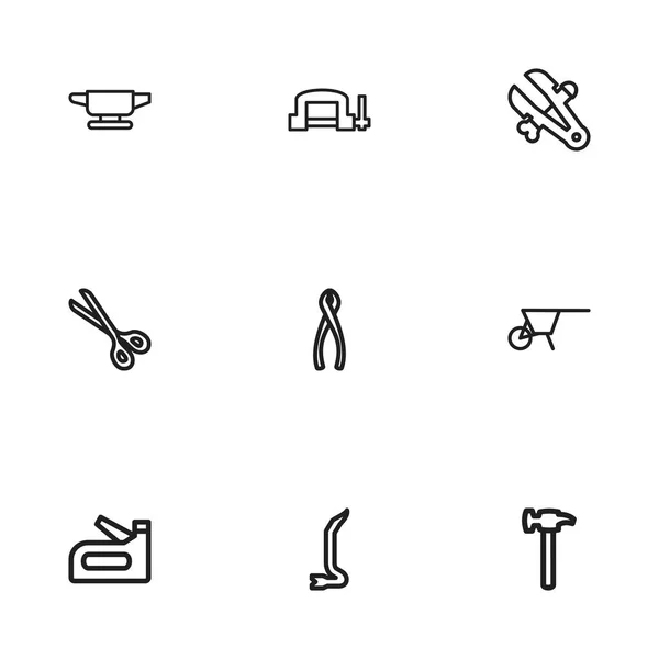 Conjunto de 9 herramientas editables Esquema de iconos. Incluye símbolos como carpintero, cizalla, Jimmy y más. Puede ser utilizado para el diseño de la tela, móvil, interfaz de usuario e infografía . — Archivo Imágenes Vectoriales