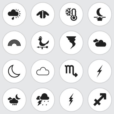 16 düzenlenebilir hava simgeler kümesi. Çiseleyen yağmur, Archer, Rüzgar yön ve daha fazlası gibi simgeler içerir. Web, mobil, UI ve Infographic tasarımı için kullanılabilir.