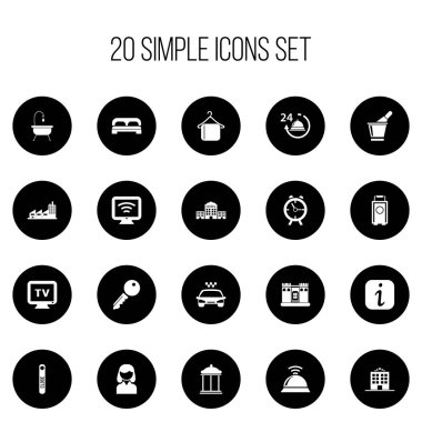 20 düzenlenebilir Motel simgeler kümesi. Bina, askı, taşıma aracı gibi simgeler ve daha fazlasını içerir. Web, mobil, UI ve Infographic tasarımı için kullanılabilir.