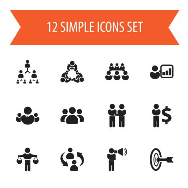 12 düzenlenebilir takım simgeler kümesi. Dostluk, çözüm, hiyerarşi ve daha fazla bulma gibi simgeler içerir. Web, mobil, UI ve Infographic tasarımı için kullanılabilir.