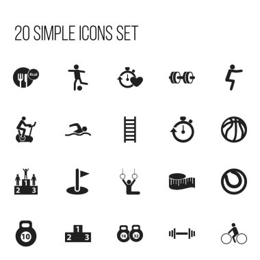20 düzenlenebilir yaşam tarzı simgeler kümesi. Barbell, güç, sepet oyunu ve daha fazla gibi simgeler içerir. Web, mobil, UI ve Infographic tasarımı için kullanılabilir.