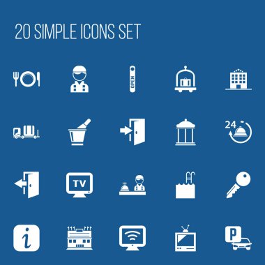 20 düzenlenebilir Motel simgeler kümesi. Otomatik Stand, şampanya, çalışan gibi simgeler içerir. Web, mobil, UI ve Infographic tasarımı için kullanılabilir.