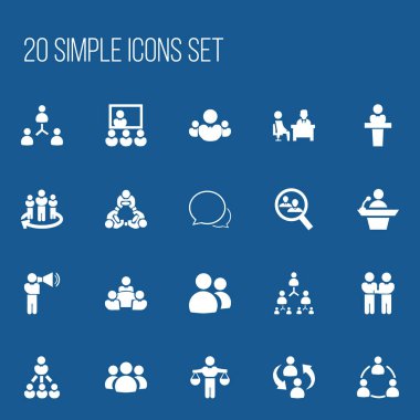 20 düzenlenebilir takım simgeler kümesi. Lider, anlaşma, grup ve daha fazlası gibi simgeler içerir. Web, mobil, UI ve Infographic tasarımı için kullanılabilir.