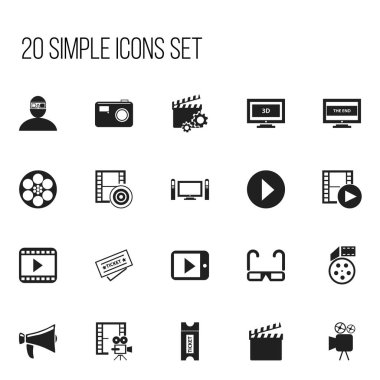 20 düzenlenebilir sinema simgeler kümesi. Klaket, Sinematografi, Tablet oyun ve daha fazlası gibi simgeler içerir. Web, mobil, UI ve Infographic tasarımı için kullanılabilir.