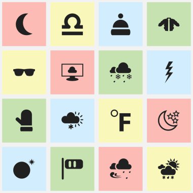 16 düzenlenebilir iklim simgeler kümesi. Hilal, Thunderstroke, Frostiness ve daha fazlası gibi simgeler içerir. Web, mobil, UI ve Infographic tasarımı için kullanılabilir.
