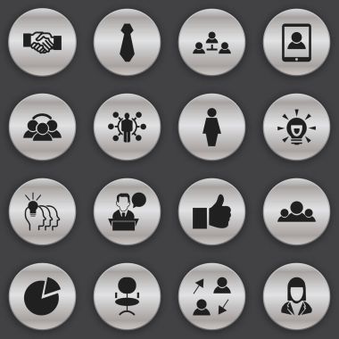 16 düzenlenebilir iş simgeler kümesi. Smartphone, takım, ergonomik koltuk ve daha fazlası gibi simgeler içerir. Web, mobil, UI ve Infographic tasarımı için kullanılabilir.