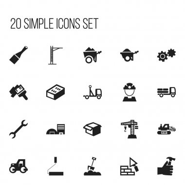 20 düzenlenebilir inşaat simgeler kümesi. Arabası, dişli, Yükaldırma makine ve daha fazlası gibi simgeler içerir. Web, mobil, UI ve Infographic tasarımı için kullanılabilir.