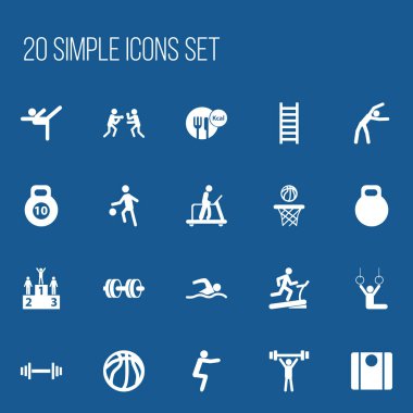 20 düzenlenebilir spor simgeler kümesi. Denge, güç ve vücut geliştirme gibi simgeler içerir. Web, mobil, UI ve Infographic tasarımı için kullanılabilir.