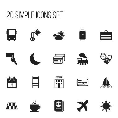 20 düzenlenebilir yolculuk simgeler kümesi. Termometre, plastik para, yat ve daha fazlası gibi simgeler içerir. Web, mobil, UI ve Infographic tasarımı için kullanılabilir.