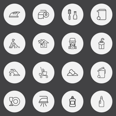 16 düzenlenebilir temizlik anahat simgeleri ayarlayın. Evi temizlemek, çamaşır sıvı, çöp tenekesi ve daha fazlası gibi simgeler içerir. Web, mobil, UI ve Infographic tasarımı için kullanılabilir.