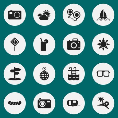 16 düzenlenebilir yolculuk simgeler kümesi. Gözlük, fotoğraf makinesi, kavşak ve daha fazlası gibi simgeler içerir. Web, mobil, UI ve Infographic tasarımı için kullanılabilir.